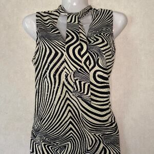 Jaipur Women Sleeveless Zebra Print Blouse w Attached Neck Tie Black Cream Large